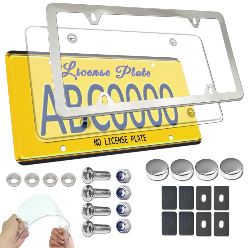 ZXFOOG License Plate Frame Cover Kit- Clear Flat Plate Cover & Stainless Steel Car Tag Holder, Unbreakable Novelty Protector Fit Standard US Plate, Mount Screws, Chrome Caps, 1 Pack for Front or Rear - Image 1